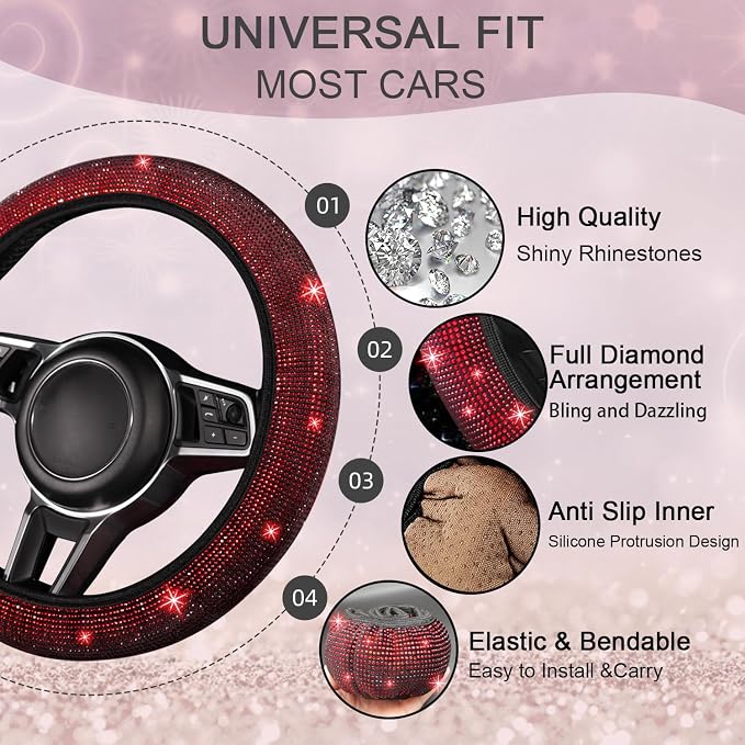 NBTEPEM 8 pcs Red Bling Car Accessories Set for Women, Steering Wheel Cover, Sparkly Seat Belt Covers, Bling Gear Shift Cover, Universal Fit Most Cars (Red Diamond)