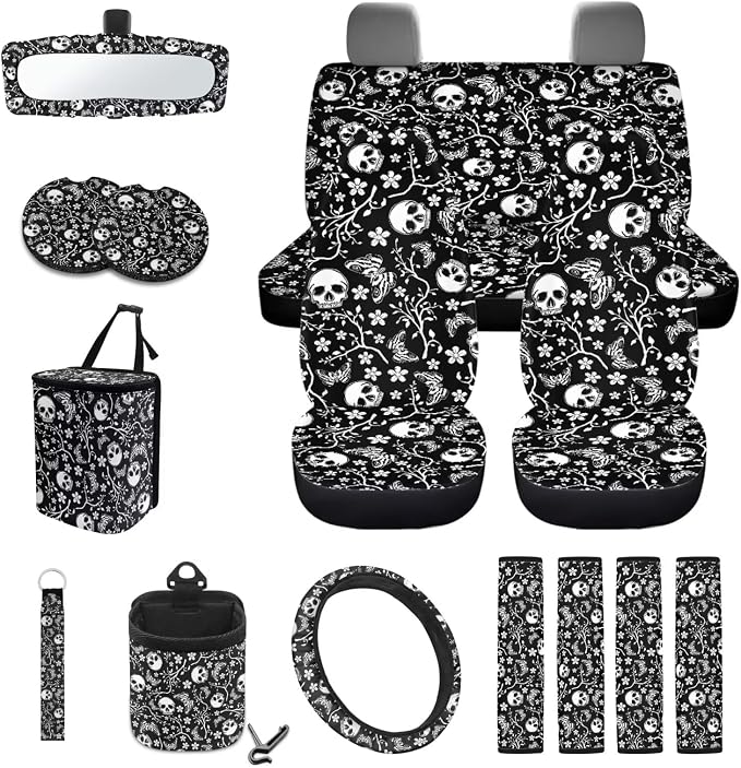 Wanyint Skull Butterfly Floral 15 PCS Car Seat Covers Set for Men Women, Seat Protector with Steering Wheel Cover Seat Belt Pads Trash Bin Sunglass Pocket Rear View Mirror Protector Coasters Key Chain