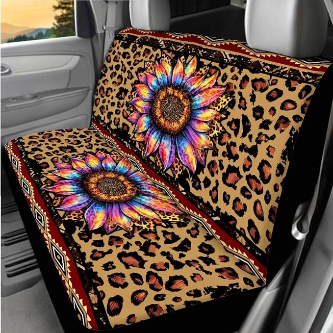 BIGCARJOB Leopard Sunflower Print Car Seat Cover Full Set 15 Pieces Car Interior Accessories Set with Steering Wheel Cover Car Trash Can Hanging Seat Headrest Covers