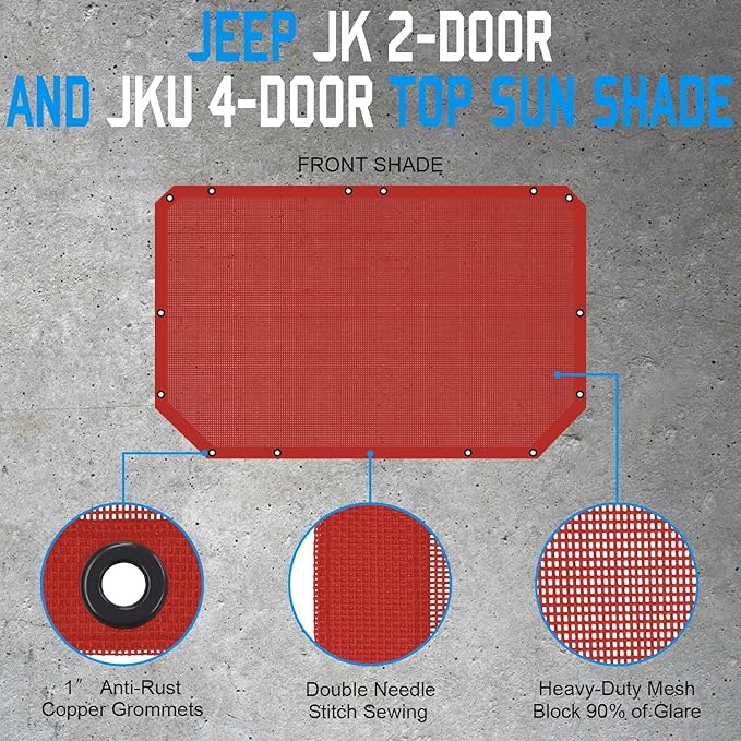 JK Sun Shade Top Compatible with Jeep Wrangler 4 Door 2007 to 2018 Sunshade Sunroof Bikini Cover Blocks UV Wind Noise Cherry Red Mesh for Front