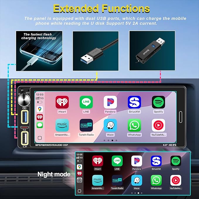 Single Din Car Stereo with Wireless Apple CarPlay & Android Auto, Designed for Older Vehicles, Bluetooth Hands-Free, FM Radio, Backup Camera Support