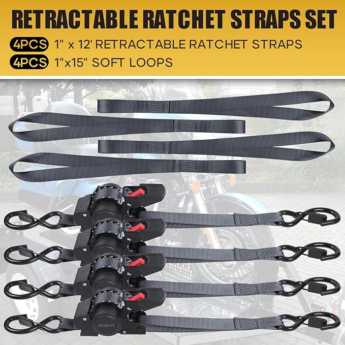 Ayaport Retractable Ratchet Straps 1in X 12ft(4PK)-1500lb Break Strength, Heavy Duty Ratchet Straps Self Retractable Tie Downs with Soft Loops for Motorcycle, Dirt Bike, Cargo, Truck Accessories