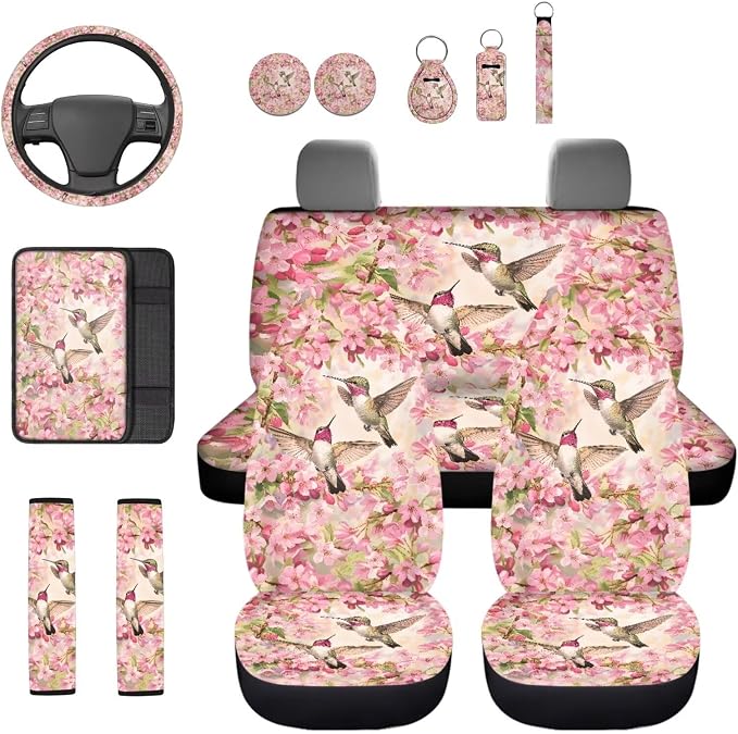 Hummingbird Flowers 13 Pack Car Seat Covers Full Set Steering Wheel Cover Seat Belt Cover Keychain Holder Armrest Cushion Protector Universal Fit Most Vehicles Cars SUV
