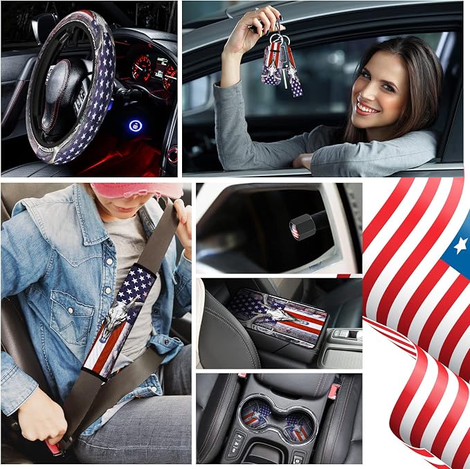 American Flag 25 PCS Patriotic Seat Covers - Skull Camo Car Accessories - 4th of July Steering Wheel Cover, Tire Valve Stem Caps, Cup Holder, Armrest Pad, Seatbelt Pads, Wrist Strap