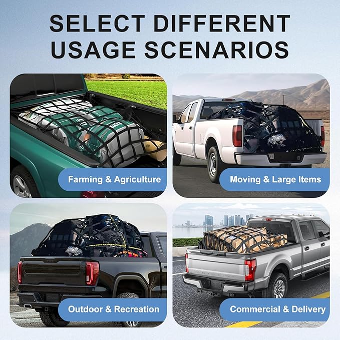 Cargo Net for Pickup Truck Bed, 82" x 50" Heavy Duty 1100LBS Capacity, Adjustable Cam Buckles & S-Hooks, Thick Herringbone Nylon Mesh with Drawstring Storage Bag for Trailers and Trucks