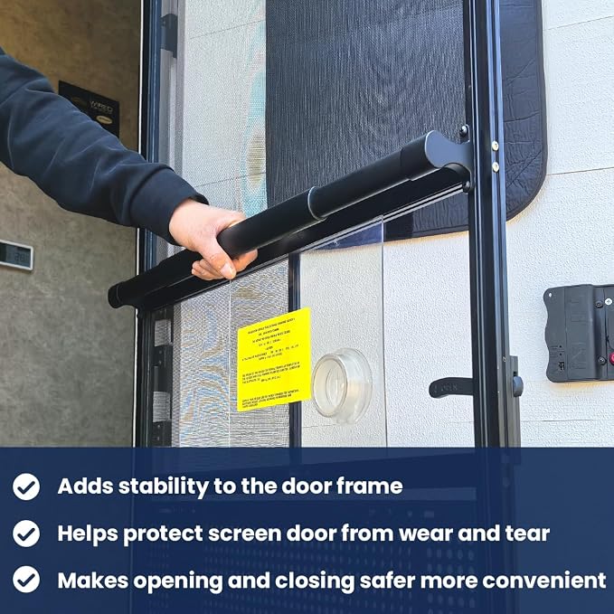 Safoner RV Screen Door Handle Grab Bar Adjustable- Durable Metal and Plastic Crossbar for Camper Entry- Reinforced Trailer Screen Door Protector Accessories, Universal Fit 21.5" to 32"- Black
