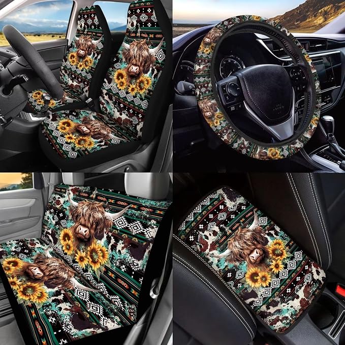 BIGCARJOB Highland Cow Print Car Seat Covers Set Navajo Tribal Car Interior Accessories Full Set 15 Pcs Auto Seat Headrest Cover Steering Wheel Cover Car Trash Can Hanging