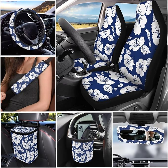 Dreaweet Car Seat Covers Full Set for Women Blue Hibiscus Flowers Car Accessories Universal Steering Wheel Cover Seat Belt Pads Trash Bin Rearview Mirror Cover Cup Holders Keychain Air Vent Holder