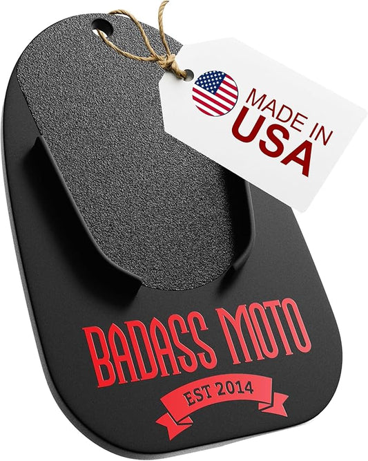 Badass Moto Motorcycle Kickstand Pad - Kick Stand Puck, Coaster Plate for Harley Davidson, Touring & Sport Bikes - Motorcycle Accessories for Grass, Dirt, Hot Pavement Parking Pad - USA Made, Black