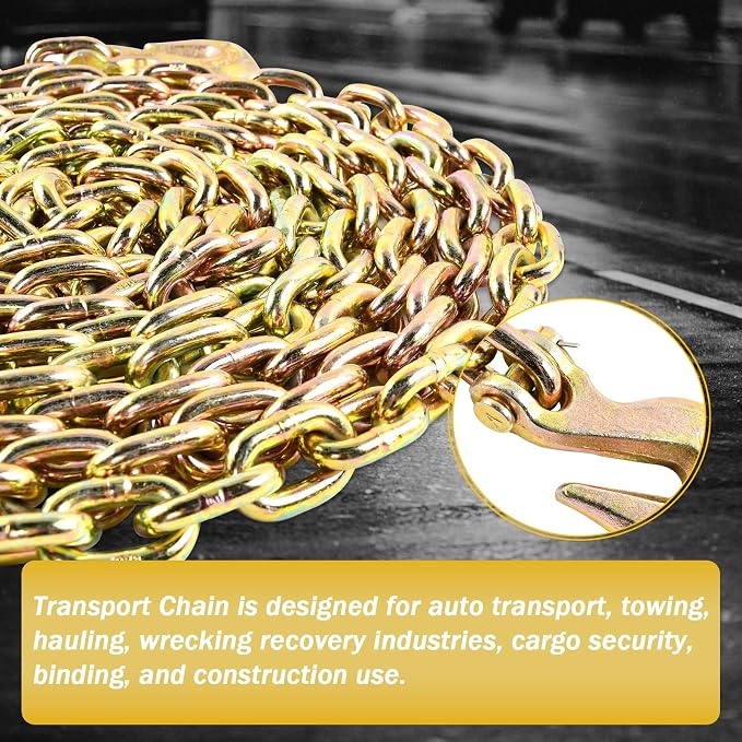 3/8" x 20 FT G70 Transport Tow Chain with Grab Hooks 6600 Lbs Working Load for Transport Tie Down Binder Chain Flatbed Truck Trailer