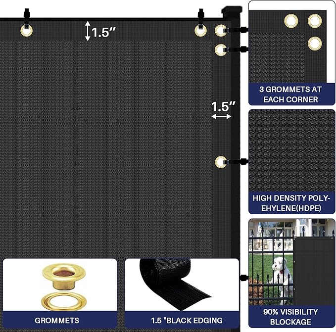 Windscreen4less Privacy Fence Screen Heavy Duty Windscreen Fencing Mesh Fabric Shade Net Cover with Brass Grommtes for Outdoor Wall Garden Yard Pool Deck, 8'x189' Black