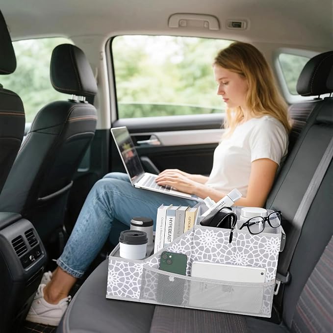 CROS 6 Pack Car Seat Organizer with Metal-Reinforced Cup Holders, 12 Storage Compartments Backseat Car Organizer, Travel Essentials for Kids Toys & Snacks, Non-Slip Seat Storage for SUV, Truck, Print