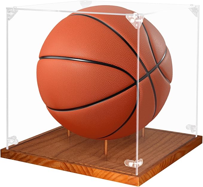 Hooqict Basketball Display Case Acrylic Clear 10" Full Size with Solid Wood Base UV Protected Basketball Holder Display Stand Case Square Box for Sports Collections Autographed Ball Memorabilia Gifts
