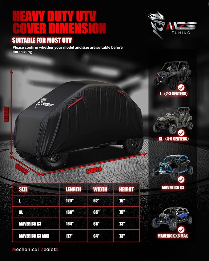 MZS UTV Cover, All Weather Waterproof Side by Side Cover Protection Universal fits up to 120 inch Utility Vehicle Covers - Vents Night Reflective Tear Wind Proof Adjuster Buckle Storage Bag