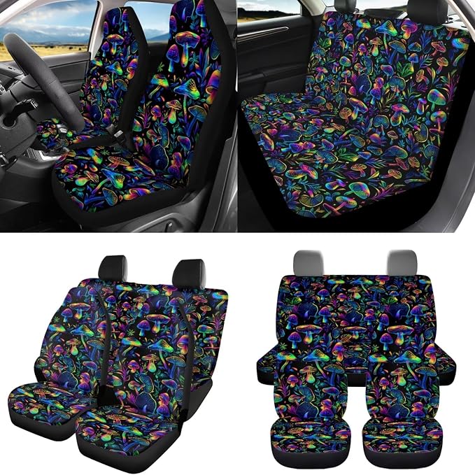 8 Pcs Novelty Mushroom Car Seat Covers Full Set Car Accessories for Women Front Seat Cover Steering Wheel Armrest Cover Seat Belt Cover for Auto SUV Interior Decoration