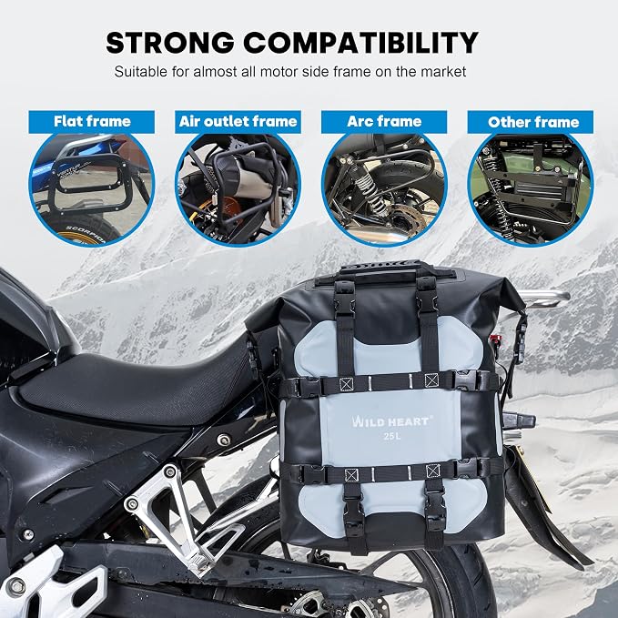 WILD HEART Motorcycle side bag stainless steel suspension waterproof bag Saddlebags 20L/25L waterproof Pianner Bag wear-resistant general-purpose Bike accessories (Grey, 25L, One Pack)
