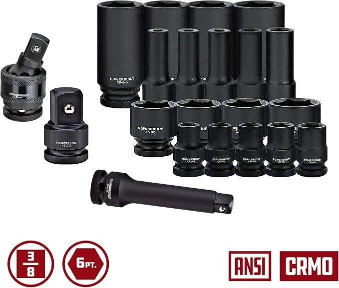 Powerbuilt 40 Piece Impact Socket Set, 3/8 Inch Drive, 6 Point Z-Drive, SAE and Metric Sockets, Tool Organizer Tray, Pro Tech Series Black 949011