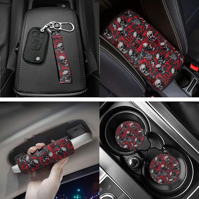 Halloween Skull Prints Car Seat Covers Full Set with Steering Wheel Cover Floor Mats Armrest Cover Seat Belt Pads Roof Handle Wraps Cup Coaster Keychains 18 Pcs Auto Interior Accessories