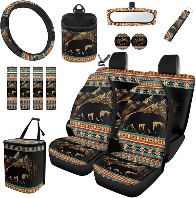 Dreaweet Mountain Bear Aztec Seat Covers for Cars Full Set 15 Pcs Universal Tribal Steering Wheel Cover Seat Belt Pads Car Coasters Trash Bag Air Vent Storage Pouch Rear View Mirror Cover Keychain