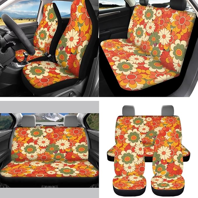 15 Pcs Abstract Groovy Flower Car Seat Cover Full Set for Women with Car Steering Wheel Cover Seat Belt Cover Trash Bin Front Rear View Mirror Car Cup Holder Keychain