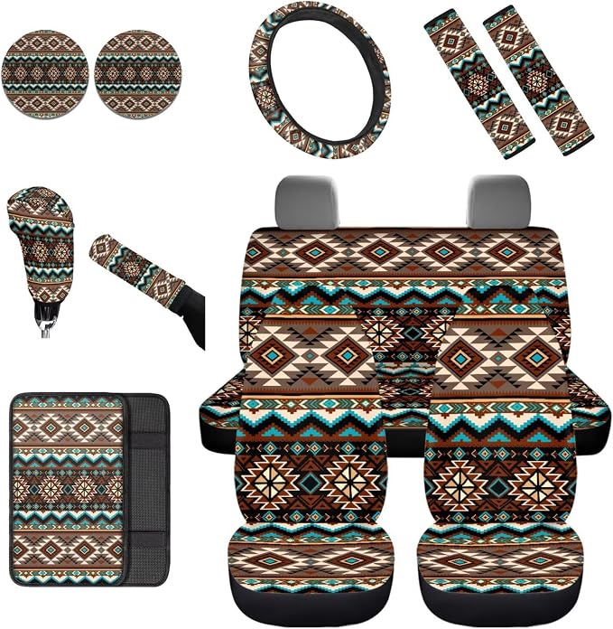 Dreaweet South Western Aztec Car Seat Covers Full Set with Steering Wheel Cover Armrest Covers Seat Belt Pads Cup Holders Gear Shift Cover Handbrake Cover,12 Pcs,Universal Car Accessories Decor