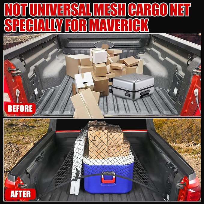 Mabett Truck Bed Cargo Fixed Net Highly Elastic for Ford Maverick Accessories 2022-2025, Stretchable Bed Mesh Net with 6 Metal Carabiners for Maverick (Elastic Fixed net)