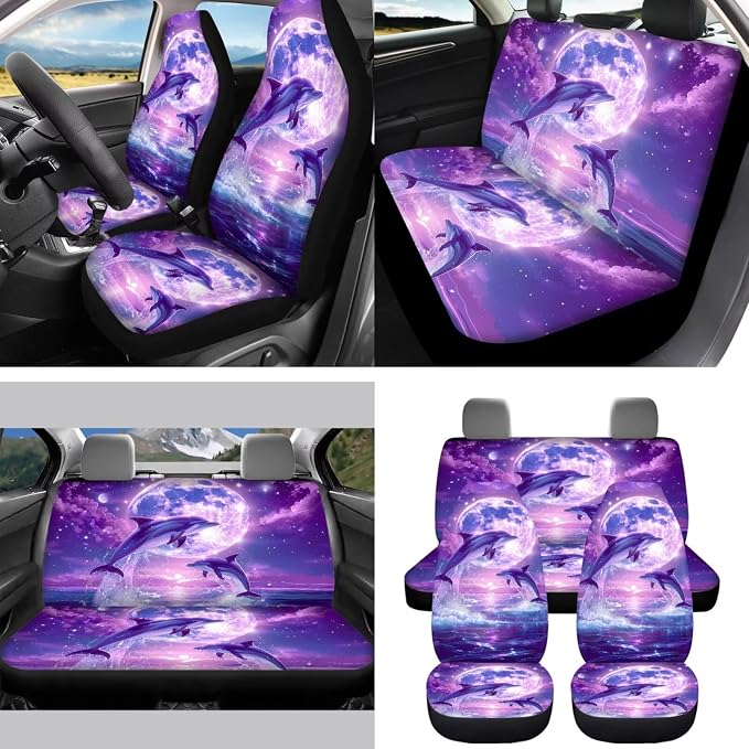 Moon Dolphin 15 PCS Car Seat Cover Full Set with Steering Wheel Cover Seat Belt Strap Pads Cup Coasters Trash Bag Rearview Mirror Cover Keychain Auto Interior Decor