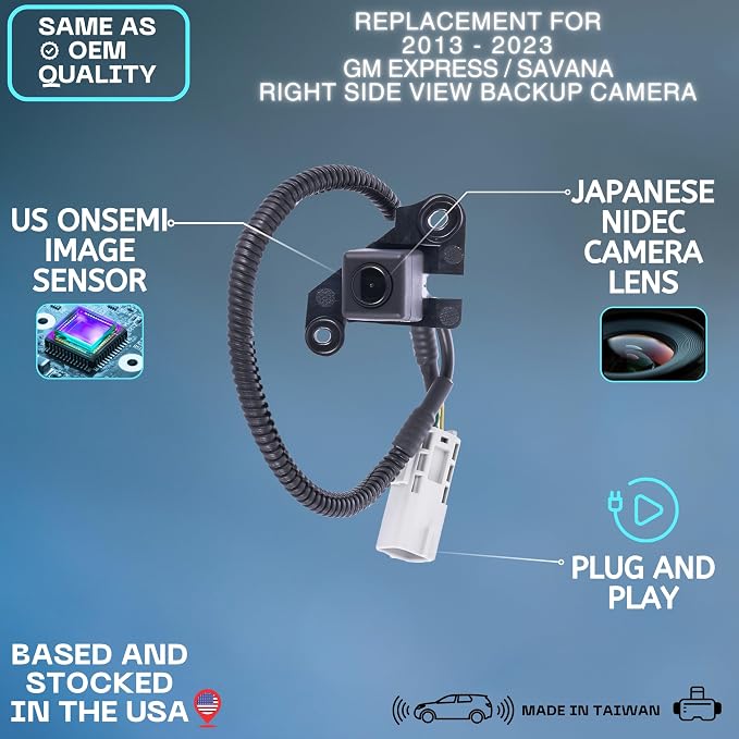 Right Side View Backup Camera Replaces for 2013 2014 2015 2016 2017 2018 2019 2020 2021 2022 2023 Chevy Express/GMC Savana OE Part # 23140731, 22903442