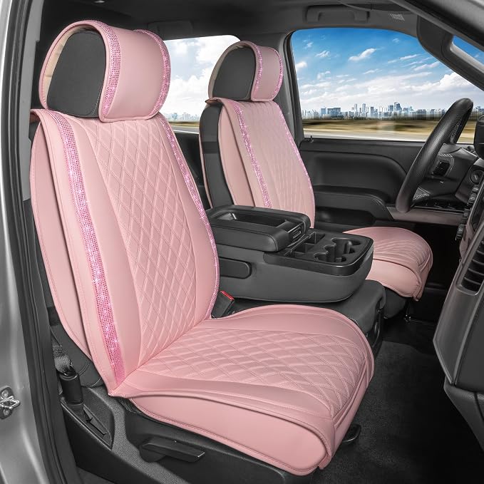 MotorBox Car Seat Covers for Women, Sparkle Series Diamond Stitched Leather Seat Covers, PU Leatherette Front Pink Seat Covers with Rhinestone Crystal Bling Accents