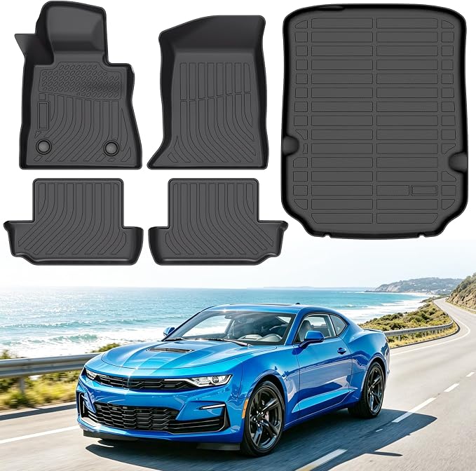 Floor Mats for Chevrolet Chevy Camaro 2016-2024 (Not for Convertible), Heavy Duty TPE All Weather Protection, Waterproof Non-Slip Black Car Liners (Two-Row Floor Mats & Cargo Liner)