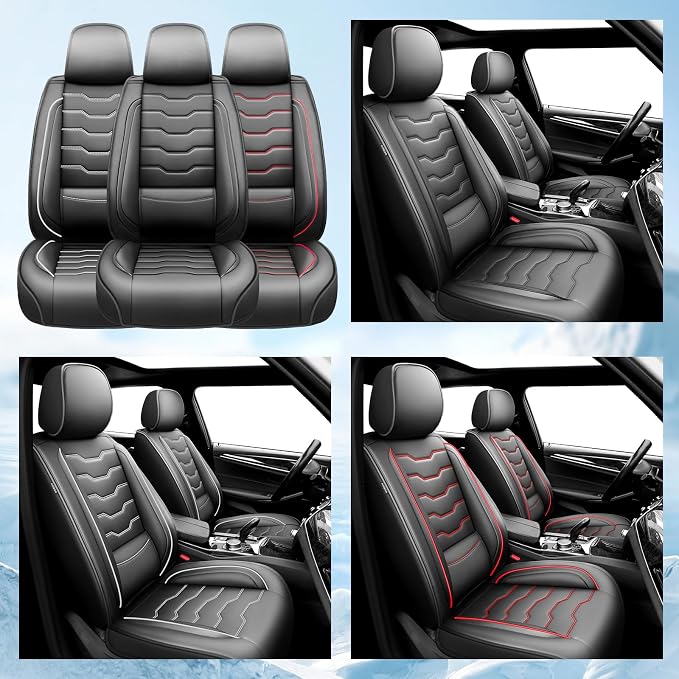 Fit Frontier Car Seat Covers Premium Leather for Nissan Frontier 2012-2025 2026. Waterproof， Anti-Slip, Scratch-Resistant & All-Weather Seat Cushion Protector (Full Set, Red Line Black)