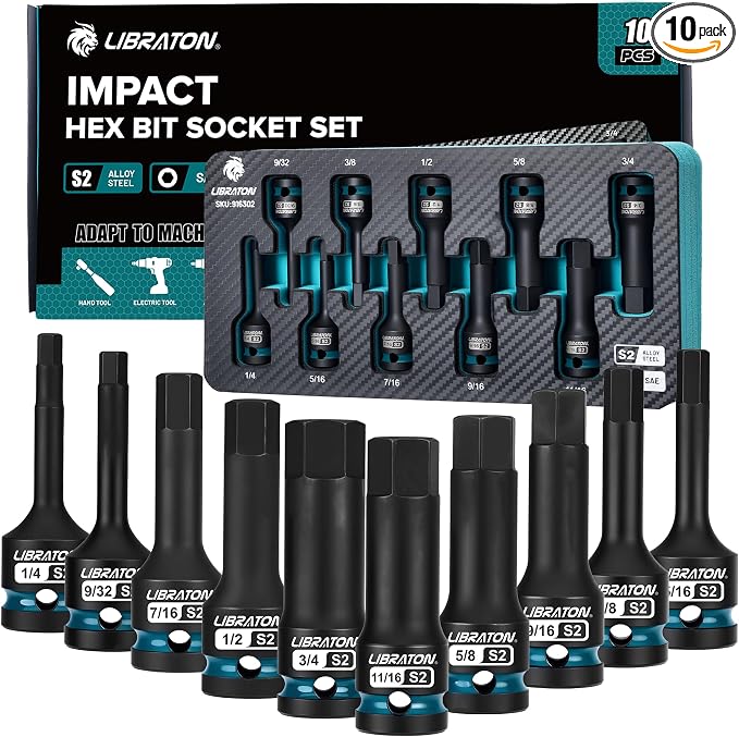 LIBRATON Impact Hex Bit Socket Set, 1/2" Dr, S2 Steel, 10PCS High Torque Sockets (SAE 1/4"-3/4") for Professional Mechanics & Automotive Repair (XPE Storage Case)