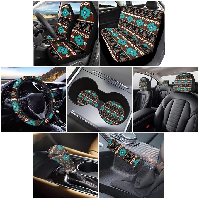 Wanyint Car Seat Cover Set 11 PCS for Men Women, with Soft Breathable Steering Wheel Headrest Cover Handbrake Gear Shift Knob Cover Coasters, Southwest Aztec Teal Brown