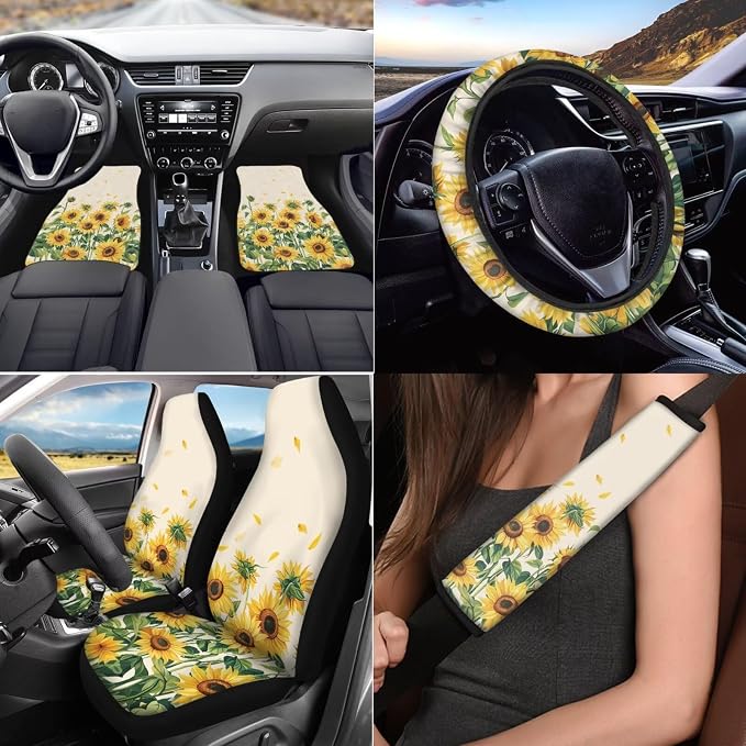 Sunflower Print 17 Pcs Car Seat Covers Full Seat with Floor Mats Car Seat Protectors Steering Wheel Cover Car Full Automotive Interior Decor