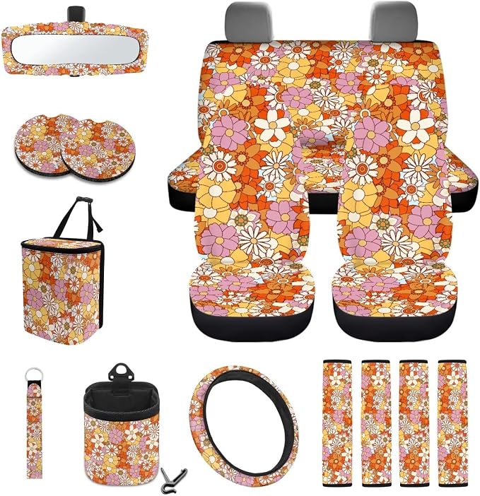 Wanyint Hippie Flower Daisy Car Seat Covers Front Back Seats Set of 15, Steering Wheel Cover Seatbelt Cushion Pad Trash Bin Air Vent Pocket Rearview Mirror Cover Cup Holder Key Chain Car Accessories