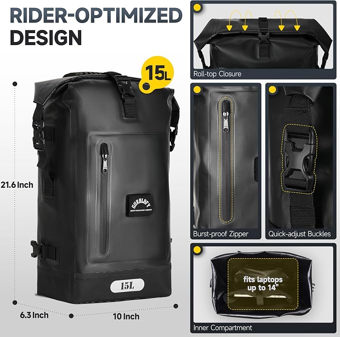 Motorcycle Tail Bag, 15L Waterproof Motorcycle Saddle Bag | 2 Size and 3 Color Options Travel Bag, PVC Luggage Bag, Rear Seat Bag, Classic Black GT-15BL