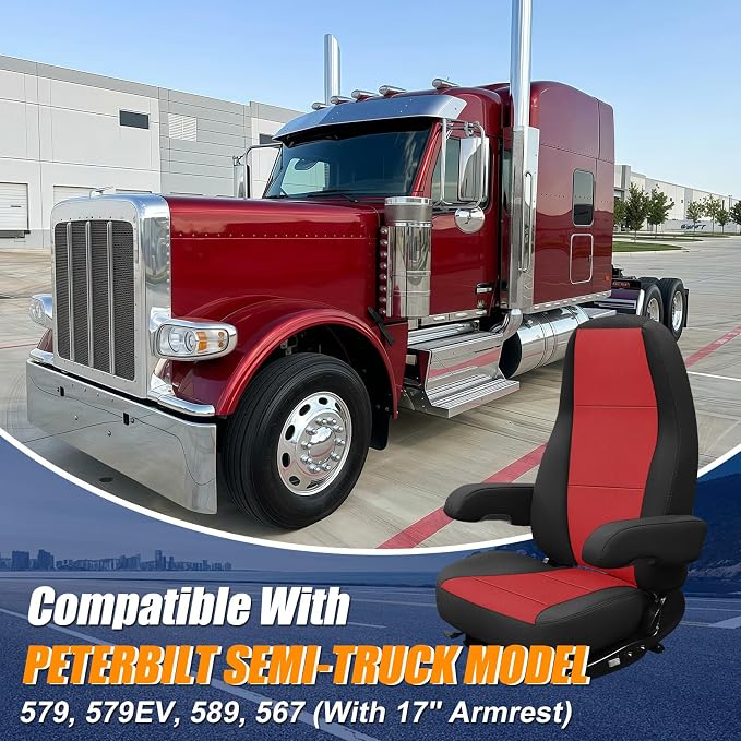 Seat Cover Fits for Peterbilt Model 579, 579EV, 589, 567 | Leather Seat Cover (High Back) with Long Armrest 17in Cover for Semi Truck Driver/Passenger Side