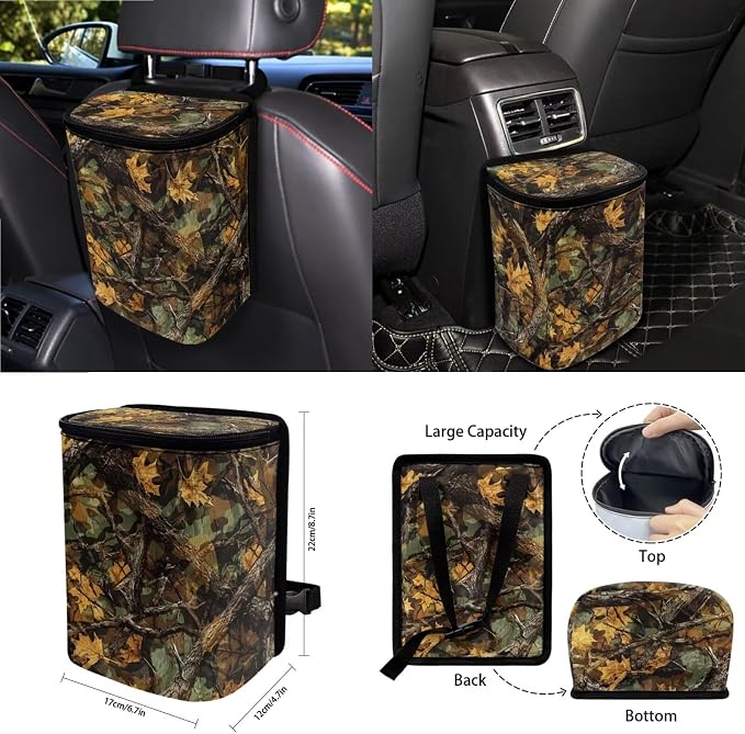 Green Leaf Camo Pattern Car Seat Covers Full Set Steering Wheel Cover Trash Can Air Vent Storage Bag Seatbelt Covers Rearview Mirror Cover Cup Coasters 15pcs Car Interior