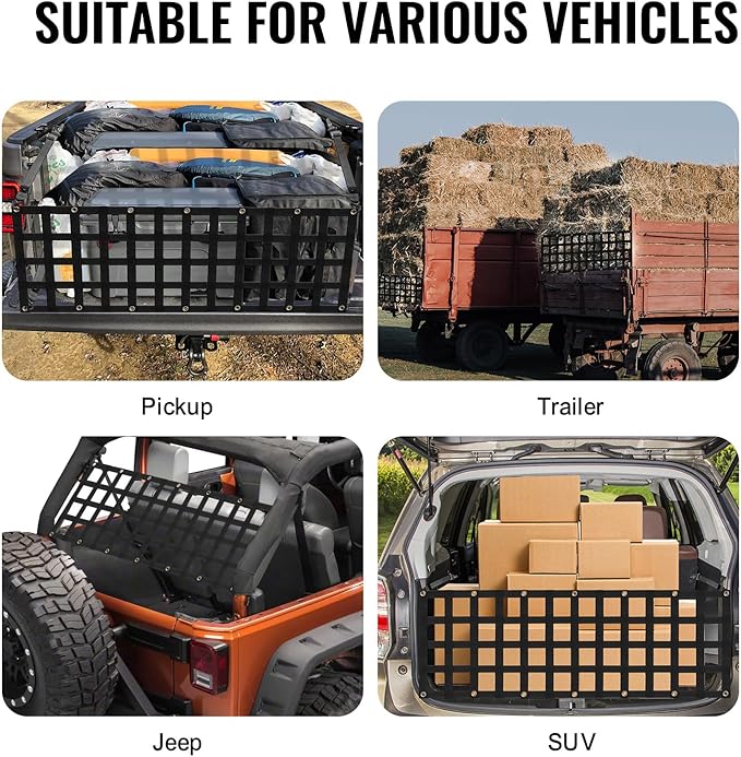 VEVOR Tailgate Net, 60 in x 18 in, Truck Bed Extender Tailgate Cargo Net with 4 Adjustable Buckle Straps, Extendable & Durable, Suitable for Truck, Trailer, Pickup, SUV