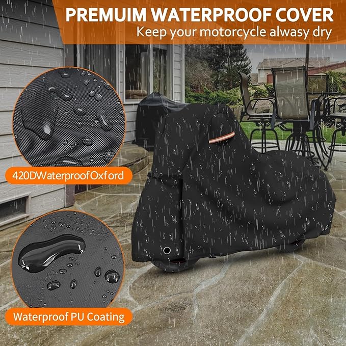 STARTWO Motorcycle Covers Waterproof Outdoor Storage Heavy Duty All Season Universal Vehicle Cover Adventure Series and Most Motorcycles 96"x43"x55" Black