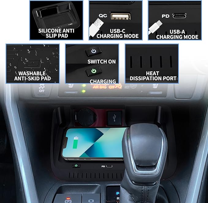 KEWISAUTO Car Wireless Charger for 19-25 Toyota RAV4, OEM Style Center Console Charging Panel USB-A USB-C Fast Wireless Phone Charger Pad for Toyota RAV4 2019 2020 2021 2022 2023 2024 2025 Accessories