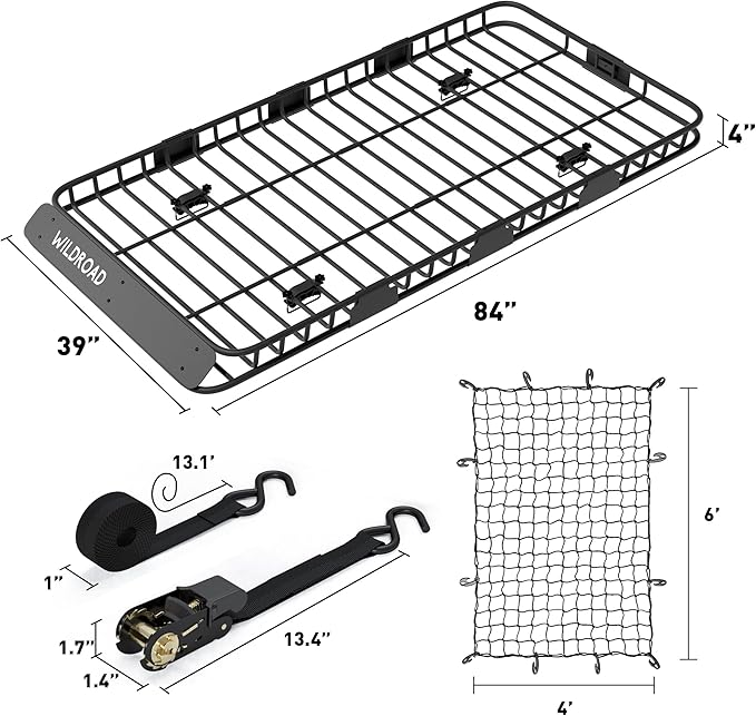 Wildroad Car Roof Cargo Carrier Combo - Upgraded 84"x 39"x 4" Roof Rack Basket, Super Duty Bungee Net. Universal Car Top Luggage Holder Fits SUV, Truck, Cars