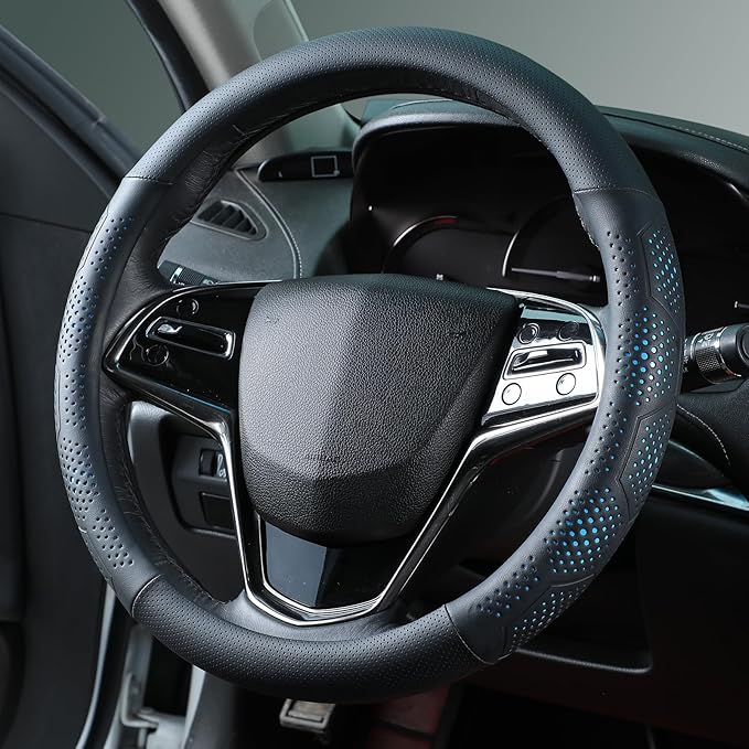 Yangday Leather Steering Wheel Cover for Toyota RAV4 Corolla Camry Highlander, 14.5-15 inches Car Steering Wheel Cover with Non-Slip Breathable (Blue)