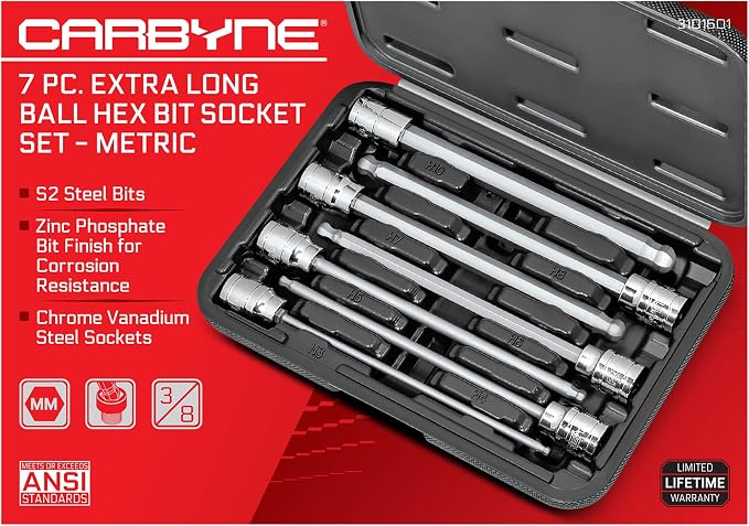 CARBYNE 7-Piece Extra Long Ball End Hex (Allen) Bit Socket Set, Metric 3mm to 10mm, 3/8 in. Drive, S2 Steel, CrV Sockets, Zinc Phosphate Bit Finish, 6.1 in. Length, Durable Case