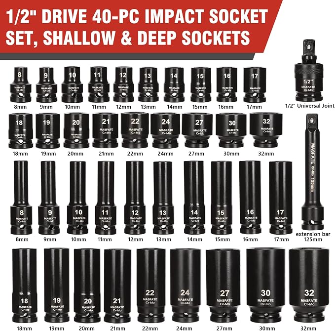 1/2" Impact Socket Set 40PCS, Metric Shallow & Deep 8-32mm | CR-MO Steel,6-Point Design,includes Extension Bars & U-Joint. Ideal heavy-duty kit for car and truck lug nut repair