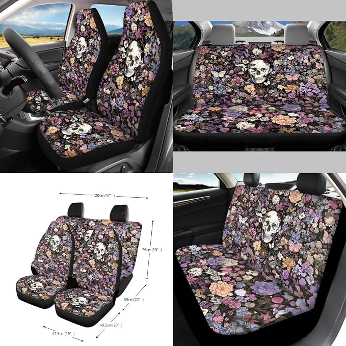 Skull Boho Floral Car Seat Cover Sets Steering Wheel Cover Seat Belt Cover Trash Bin Air Vent Storage Box Front Rear View Mirror Cup Holder Keychain 15Pcs Car Accessories