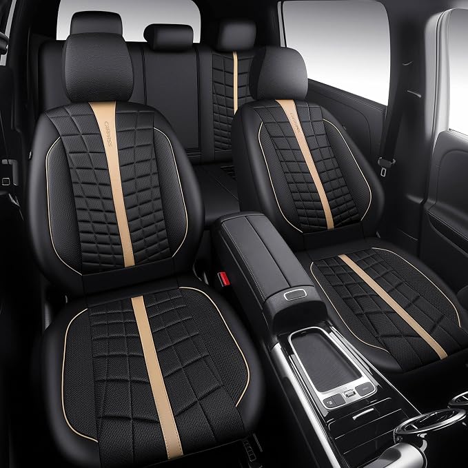 CAR PASS 3D Foam Mesh Leather Car Seat Covers Full Set, Breathable Premium Leather Seat Covers for Car,Anti Slip Universal Fit for Trucks Cars Sedans Vans SUVs, Airbag Compatible, Black Beige