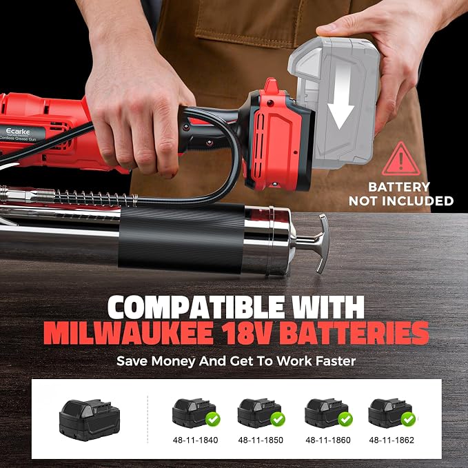 Ecarke Cordless Grease Gun Compatible with Milwaukee 18V Battery, 12000PSI Max Electric Grease Gun, Dual Pistol & in-Line Grip, Works with Bulk & Cartridge Grease, 39" Hose & 4 Couplers (Tool Only)