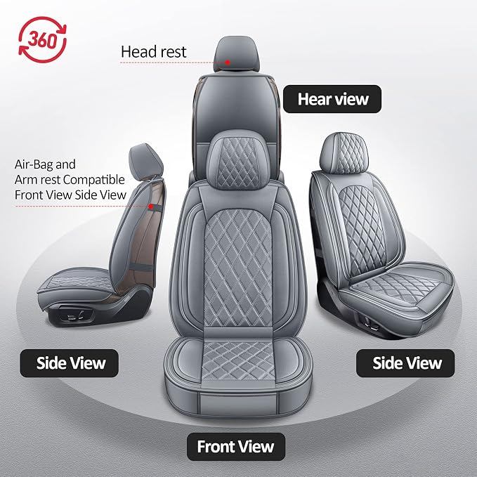 MIROZO Car Seat Covers Full Set - Leather Seat Covers Grey Breathable Vehicle Cushion Cover Fit for Most Sedan, Truck and SUV (Gray)
