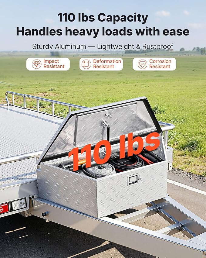 VEVOR Trailer Tongue Box, Heavy Duty Trailer Tongue Tool Box Storage Organizer with Lock & Keys, Utility Tool Chest for Pickup Truck Bed, RV, SUV, Off-Road Vehicle, Aluminum, 39" x 16.5" x 12", Silver